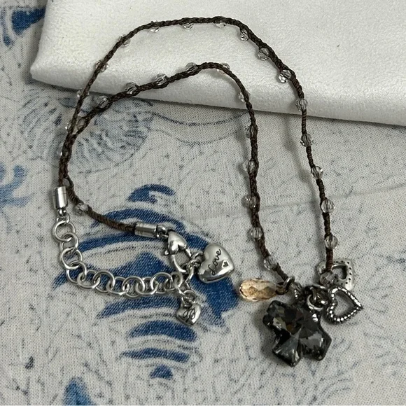 Brighton Karma Crystal Cross Necklace Silver Plated Braided Brown Beaded 17" - Picture 6 of 11